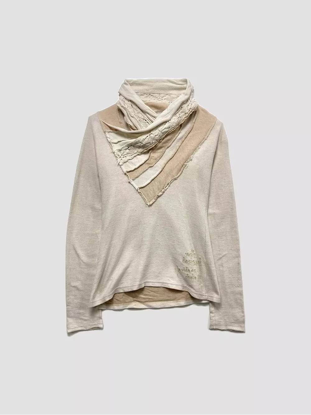 Desigual layered Neutral Scarf-Detail Long Sleeve Sweater - Cream/Tan